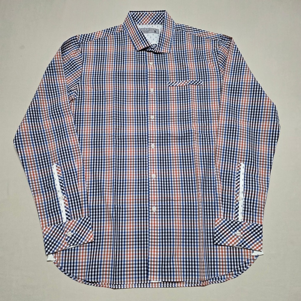 7 Diamonds Premium Men Medium Orange Gingham Plaid Button Up Shirt Relax